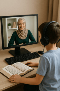 Young Muslim student attending Quran lessons online with headphones