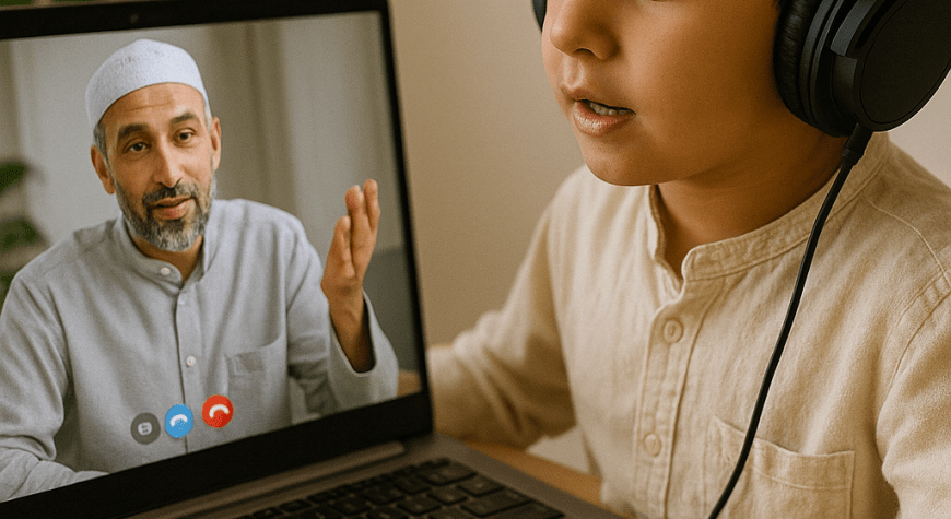 Kids attending Quran lessons online with headphones