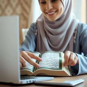 Student using headphones during online Quran session